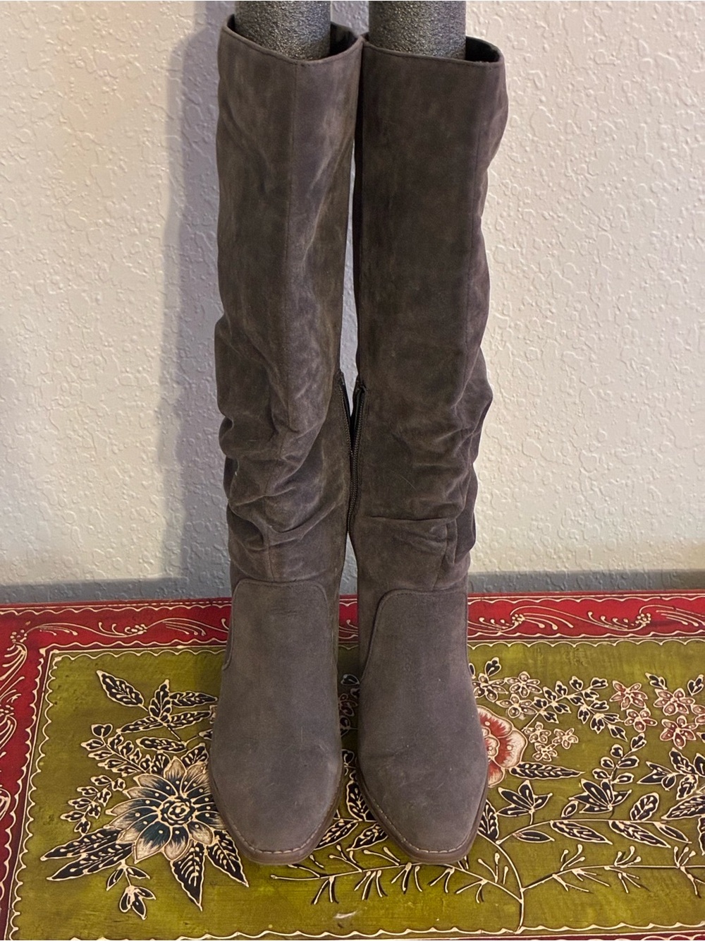 Gray Faux Suede Knee-High Slouch Boots with 3 inch stacked heels